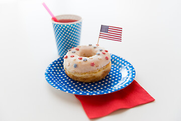 Image showing donut with juice and american flag decoration