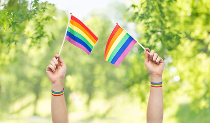 Image showing hands with gay pride rainbow flags and wristbands