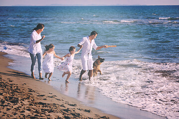 Image showing happy family playing with dog on beach