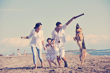 Image showing happy family playing with dog on beach