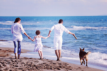 Image showing happy family playing with dog on beach