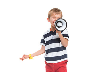 Image showing Little cute kid baby boy holding in hand and speaking in electronic gray megaphone