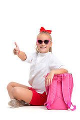 Image showing Full length portrait of cute little kid in stylish sunglasses looking at camera and smiling