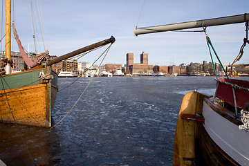 Image showing Wooden boats in harbour