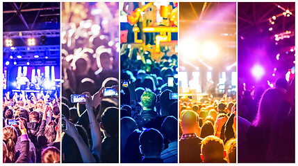 Image showing Rock concert, silhouettes of happy people raising up hands