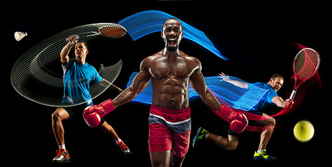 Image showing Attack. Sport collage about badminton, tennis, boxing players