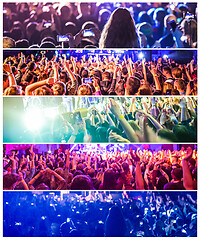 Image showing Rock concert, silhouettes of happy people raising up hands