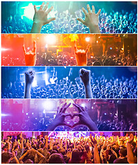 Image showing Rock concert, silhouettes of happy people raising up hands