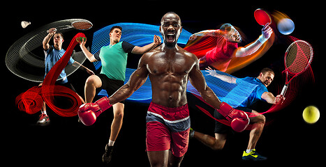 Image showing Attack. Sport collage about badminton, tennis, boxing and handball players