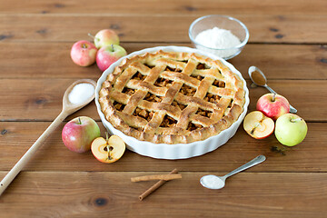 Image showing close up of apple pie on wooden table