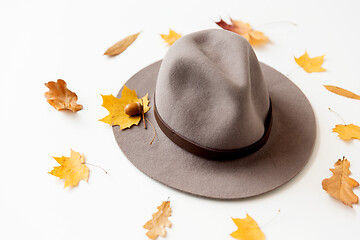 Image showing hat and fallen autumn leaves on white background