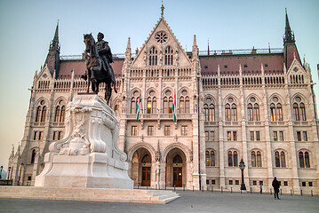 Image showing Andrassy Gyula lovasszobra monument before Hungarian paliament building, Budapest.