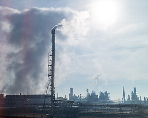 Image showing High smokestack with industrial wastes emission on big plant in Budapest, Hungary.