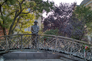 Image showing The Imre Nagy statue on a bronze walking bridge in Budapest, Hungary.