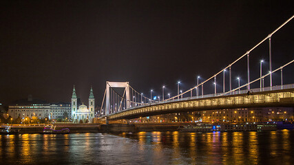 Image showing Elisabeth Bridge across river Danube with night lighting, Budapest.