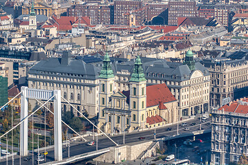 Image showing Historical part of city Budapest, Hungary with old buildings and Elisabeth Bridge.