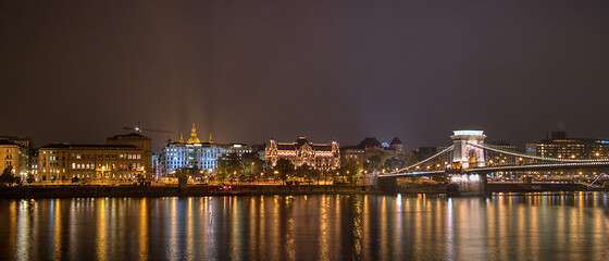 Image showing Night lighting view to the historical part and Chain bridge across the river in Budapest, Hungary