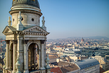 Image showing Aerial view of bell tower of St. Stephen\'s Basilica in Budapest, Hungary.