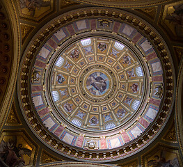 Image showing Dome of Catholic Cathedral inside with painting mural and frescoes, Budapest.