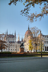 Image showing Rakoczi Ferenc equestrian statue on the background of Hungarian paliament building.