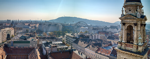 Image showing Panoramic aerial view to historical part of Budapest with bell tower.