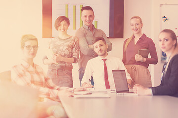 Image showing startup business team on meeting at modern office with sunset in