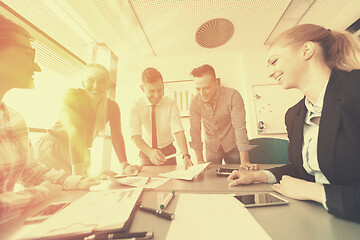 Image showing startup business team on meeting at modern office with sunset in