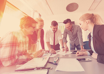 Image showing startup business team on meeting at modern office with sunset in