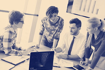 Image showing startup business team on meeting at modern office with sunset in