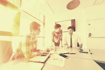 Image showing startup business team on meeting at modern office with sunset in