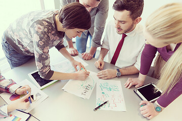 Image showing young business people group on meeting at modern office