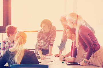 Image showing startup business team on meeting at modern office with sunset in