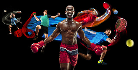 Image showing Attack. Sport collage about badminton, tennis, boxing and handball players