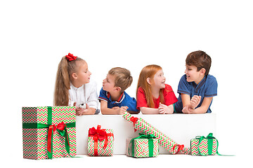 Image showing Full length portrait of cute little kids in stylish clothes looking at camera and smiling