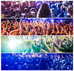 Image showing Rock concert, silhouettes of happy people raising up hands