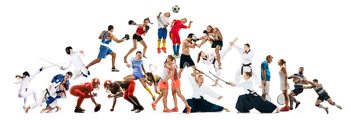 Image showing Sport collage about kickboxing, soccer, american football, aikido, rugby, judo, fencing, badminton, tennis and boxing