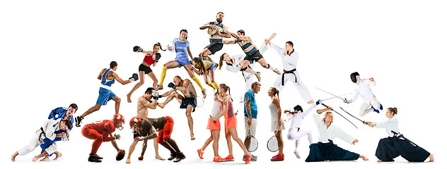 Image showing Sport collage about kickboxing, soccer, american football, aikido, rugby, judo, fencing, badminton, tennis and boxing