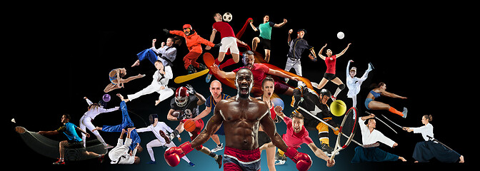 Image showing Sport collage about kickboxing, soccer, american football, basketball, ice hockey, badminton, tennis, rugby