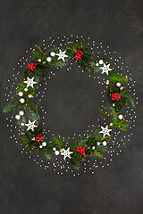 Image showing Christmas Wreath with Winter Greenery and Baubles 