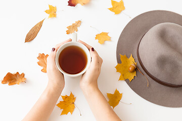 Image showing hands with cup of tea, autumn leaves and hat