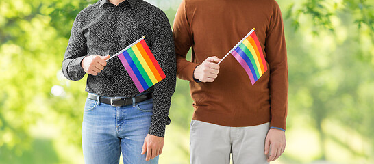 Image showing close up of male couple with gay pride flags