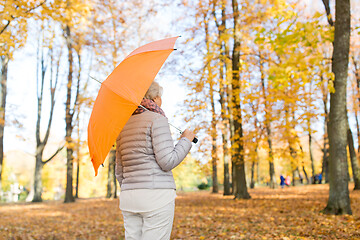 Image showing senior woman with umbrella at autumn park