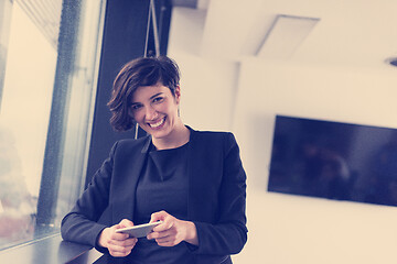 Image showing Elegant Woman Using Mobile Phone by window in office building