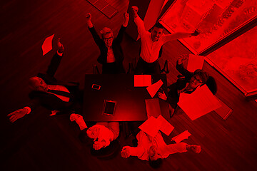 Image showing top view of business people group throwing dociments in air