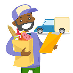 Image showing Delivery courier delivering food to customer.