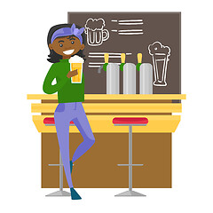 Image showing African-american woman drinking beer at the bar.