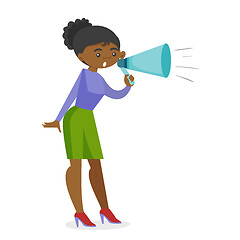 Image showing Young african feminist shouting into a megaphone.