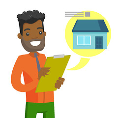 Image showing Young african man reading real estate advertising.
