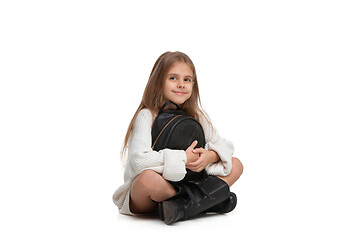 Image showing Full length portrait of cute little kid in stylish jeans clothes looking at camera and smiling