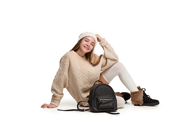 Image showing Full length portrait of cute little kid in stylish jeans clothes looking at camera and smiling